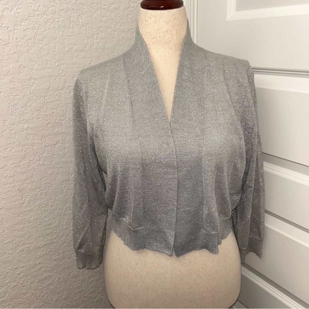 Calvin Klein Shimmer 3/4 Length Sleeve Open Front Crop Cardigan Sweater Top